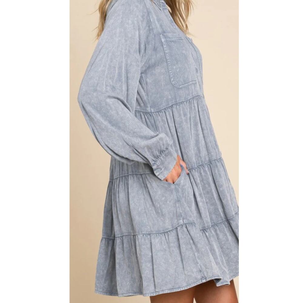 Jodifl Blue Washed Tiered Shirt Dress Long Sleeve Button Down Babydoll Large - Picture 2 of 3